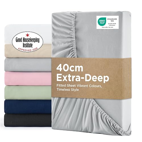 Bedsure Double Fitted Sheet Deep - Bed Sheets Extra Deep Pocket 16 inch (40 cm) made of Soft Brushed Microfiber for Double Bed, Grey, 135x190cm