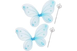 Relaxdays 2 x Feenflügel mit Zauberstab, Fee Kostüm Kinder, Flügel & Zepter, Elfen Kostüm Glitzer, Mädchen, Feenset, blau & silber