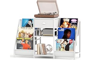 CAIYUN Vinyl Record Player Stand Storage with 3-Tier and Fabric Drawer, Turntable Table Holds Up to 280 Albums, Cabinet CD Rack for Living Room, Retro Side Table, Holder Display Shelf White