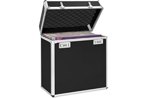OUUTMEE Custodia per dischi in vinile, capacità di memoria: circa 50 dischi, colore nero, design in lega di alluminio, Nero , Valigetta per vinili