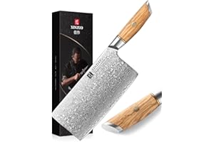 XINZUO Coltello Mannaia 19cm, 73 Strati Acciaio a Polvere di Damasco Coltello Da Cuoco Cinese, Multifunzione Mannaia per Carne e Verdure Coltello da Cucina -con Manico in Legno d'Ulivo -Serie Lan