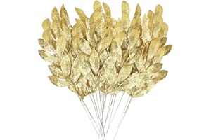 MWOOT 16 Pezzi Foglie di Natale Artificiale Glitterate, Finti Foglie Natalizio Dorate con Steli, Rami di Foglia in Plastica per Ghirlanda Albero di Natale Bouquet di Nozze Casa Giardino Decorazione