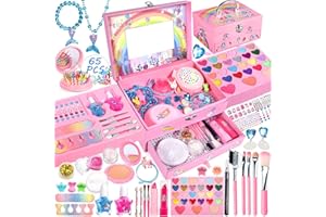MOYKSRR Zestaw do Makijażu dla Dziewcząt, 65 Sztuk Zmywalnego Makijażu, Zestawy Kosmetyczne, Toaletka do Makijażu dla Dziewczynek, Zabawka do Makijażu Urodzinowego dla Księżniczek 5 6 7 8 9 10+ lat