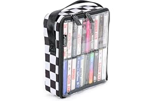 Fydelity Audio Cassette Tape Storage Case Holds 20 Cassettes | Rigid Sides, Clear Zipper Top, Cassette Tape Holder for Car - Music cassette tape case w/Carry Handle - Checkered