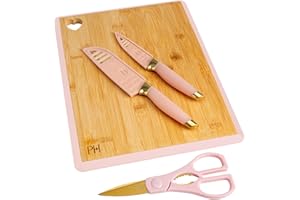 Paris Hilton Conjunto de Tabla y Cuchillos Elegante Set de Bambú con Cuchillos Dorados y Detalles en Rosa, Ideal para Regalo