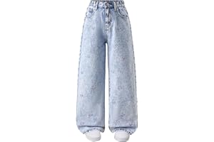 Happy Cherry Jeans Larghi Ragazze Pantaloni Strappati in Denim alla Moda Pantaloni Baggy Casual Vita Alta Elastica Vintage Blu Pants con Tasche per Bambina 5-14 Anni