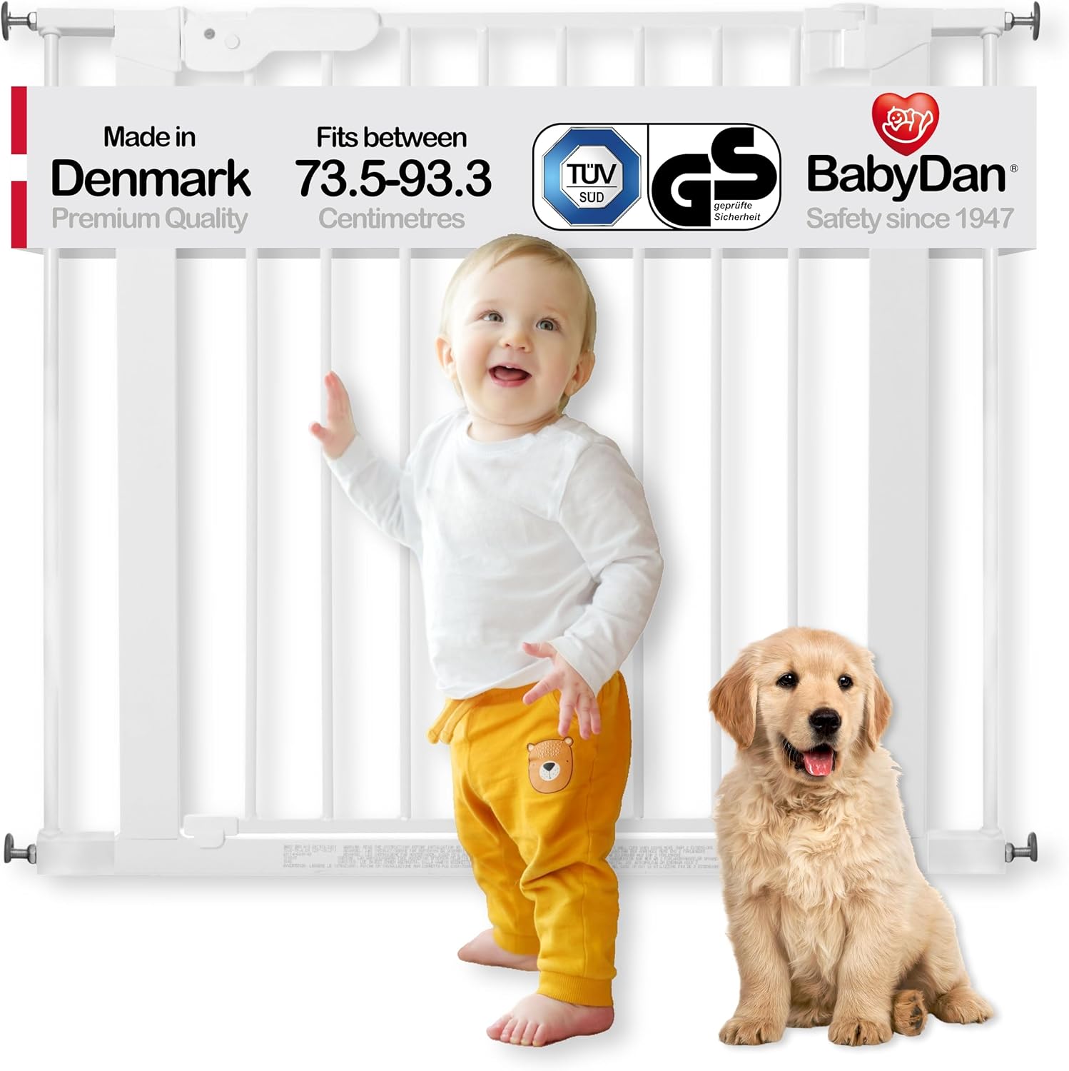 BabyDan Premier, Pressure Fit Stair Gate, 73.5-93.3 cm, Baby Gate/Safety Gate, Metal, White, Made in Denmark - (Pet Gate/Dog gate)