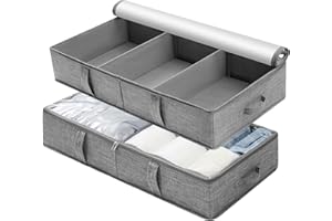 WOVTE Under bed Storage Box with Lids, 2Pack 50L Large Under Bed Storage, Foldable Clothes Storage Box with Handle and freely adjustable dividers, for Clothes Blankets Shoes Pillows