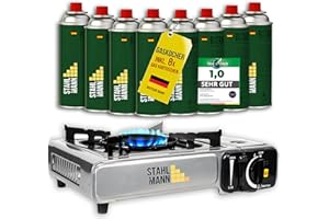 STAHLMANN® Gaskocher inkl. 8 Kartuschen - Campingkocher mit Piezozündung - Camping Gaskocher stufenlos regulierbar - Gaskocher Camping 1-Flammig