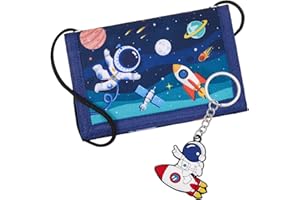 Hestya Kinder Brustbeutel - Dreifach Gefaltete Geldbörse mit Schlüsselanhänger, Portemonnaie zum Umhängen Geschenk für Jungen & Mädchen (Weltraum)