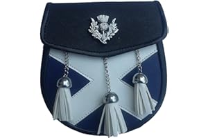 Z&N PRODUCT 3 Tassels Scottish Kilt Sporran, Bule & White Cross,Thistle Crest Badge+Belt Set