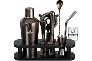 BARMINGO® Edelstahl Cocktail Set 11tlg. – 700 ml Cocktail Shaker Set mit Ständer und Bar Zubehör, Cocktailshaker Set | Barkeeper Set | Cocktail Mix Set | Bar Set | Geschenkset | Schwarz