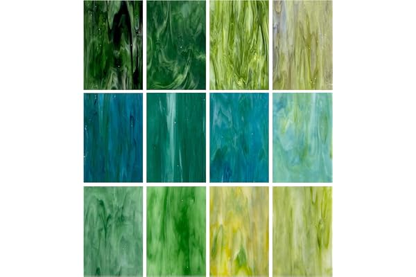 Unicoshape Lot de 12 Feuilles de Verre Vitrail, 15,2 x 10,2 cm, Cathédrale, Art, Carreaux de Mosaïque pour Travaux Manuels (Vert Mélangé)
