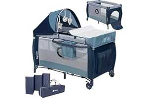 LIONELO Lettino da Viaggio SVEN con Materasso, Dalla nascita fino a 36 mesi, Lettino pieghevole con Fasciatoio, Baldacchino, Giocattoli Pendenti Ingresso laterale aggiuntivo LockGuard, Route con freno