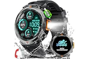 Smartwatch Herren mit Telefonfunktion, 3ATM Wasserdicht Militär Smartwatch mit LED Taschenlampe, 1,45" Robuste Outdoor Uhren mit 24H Gesundheits-Screening, 110+ Sportmodi Fitnessuhr für Android iOS