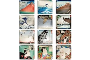 Berkin Arts Set di 12 Calamite da Frigo 3D Simpatici Decorativo Magneti per Frigorifero Durevoli Quadrato Giappone Ukiyo-e La grande onda per Cucina Katsushika Hokusai Quadri