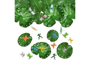 EMAGEREN 25 PCS Décoration étang, 8 Feuille de Lotus en EVA, 12 Grenouille Décoration Bassin, Aquarium Grenouille en 6 Couleurs, 5 Libellule Plastique, pour Aquarium,Jardin, Etang Décorations