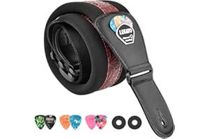 LEKATO Correa de guitarra acolchada con extremos de cuero genuino Correas de hombro cómodas de 3 pulgadas de ancho Longitud ajustable de 45 "a 55" para guitarras eléctricas bajas con 6 púas
