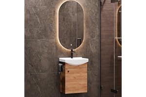 Planetmöbel Set di mobili da bagno lavabo con mobiletto 45 x 60 x 33 cm, specchio con illuminazione 50 x 90 cm per WC ospiti, rovere oro