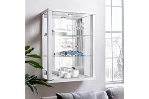 K-Möbel Vitrina Pared (80x60x25cm) - Fabricado en Alemania - Estanteria Cristal con 2 estantes de Vidrio Templado Ajustables ESG, Espejo y LED en Blanco - Vitrina Cristal - Mueble Pared Estrecho