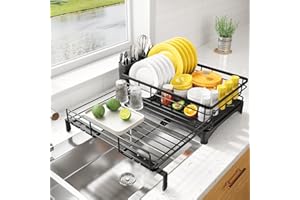 SAYZH Escurreplatos, Escurridor de Platos Extensible con Soporte para Cubiertos y Caño de Drenaje Giratorio, para Fregadero y Encimera de la Cocina, Grande, Negro