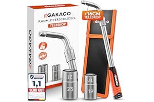 Gakago Teleskop Radmuttern-Schlüssel Set mit 17/19mm & 21/23mm Steckschlüssel-Einsatz 1/2 Zoll - Extra langer ausziehbarer Radschlüssel - Praktische Aufbewahrungstasche mit Klett und Aufhängeöse