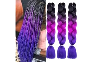 Xtrend 3Packs 3 Tone Jumbo Braiding Hair 24 Inch Synthetic Ombre Braiding Hair Extension for Box Braids and Twist Crochet Braids Hair (3Packs, Black/Purple/Blue#)…