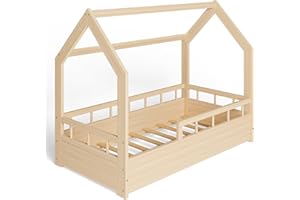 MS FACTORY Letto Casetta in Massello 70x140cm con Telaio a Doghe - Letto per Bambini Singolo con Sponda Anticaduta - Stile Scandinavo Nordico Montessori - Mezze Barriere Legno
