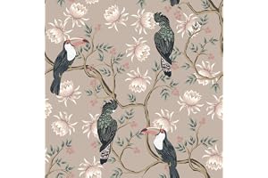 VEELIKE Tapet med fåglar, chinoiserie, blomstertapet, vintage tapet med blommor, rosa mönstertapet, tapeter, skogsfototapet