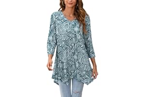 Enmain Damska tunika topy długie - damska bluzka z rękawem 3/4 z dekoltem w serek na co dzień wzór/jednolity kolor z chusteczką z obszyciem koszulka bluzka i koszule dla kobiet