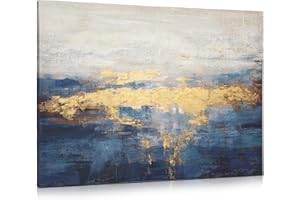 Briful 32"x24" Large Canvas Wall Art for Living Room | 80cm x 60cm Hand-painted Abstract Wall Art | Framed Blue Gold Wall Art Sea Horizon | Textured Oil Painting Canvas for Bedroom Wall Decor