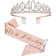 BRT Bearingshui 40th Birthday Sash and Tiara for Women, Rose Gold Birthday Sash Crown 40 & Fabulous Sash and Tiara for Women, 40th Birthday Gifts for Happy 40th Birthday Party Favor Supplies