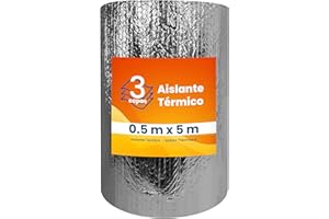 PILBELLES Aislante Térmico Reflexivo de Aluminio y Burbujas Triple Capa 0.5x5 m (2.5 m²) | Ventanas, Radiadores, Cajón Persianas, Puertas, Camper, Buhardilla, Uso Industrial, Viviendas