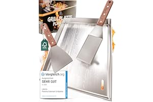 ‎LIKAYA LIKAYA® Plancha Grillplatte [30x40cm] mit 2x Grillspachtel mit FSC-Akazienholzgriff Grillzubehör | Verzugsfreier Edelstahl | Plancha Gasgrill Kohlegrill | Geschlossene Ecken ohne Auslaufen