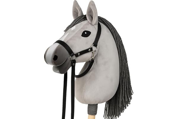 CELMAN Hobby Horse Cheval Bâton Gris avec Bridon & Longe – Tête Taille A3 – Jeu d’Équitation Réaliste en Peluche – Bâton en Bois – Idée Cadeau Enfants et Sport