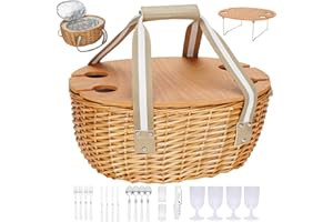 HEALSTOK Picnic Basket for 4 - Willow Picnic Set with Wine Table | Wicker Basket Set with Insulated Cooler Bag for Camping, Outdoor, Christmas, Party (Beige) (Beige, For 4 People)