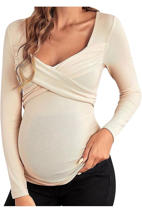 Top Allattamento Manica Lunga Scollo A V - Vestito Premaman In Viscosa Elastica Per Gravidanza - Foto 7