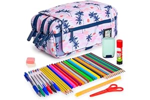 ColePack Design - Lote de Estuche Portatodo Triple con 3 Cremalleras y Material Escolar de Primeras Marcas Incluido (Sunset)