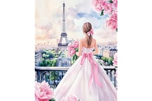 NEWENMO Eiffel Tower Dipingere con i Numeri Adulti,Elegante Signora Paint by Numbers Kit,DIY Fiori Rosa Dipingi con i Numeri Adulti,per Principianti Decorazioni Casa (40x50cm,Senza Cornice)