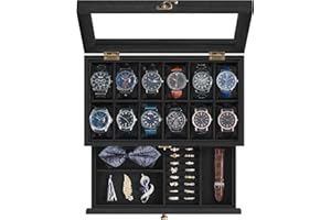SONGMICS Porta Orologi a 12 Scomparti, per Natale, Scatola Portaorologi a 2 Livelli, Coperchio in Vetro, con Cuscinetti, Fodera in Velluto, Idea Regalo, Nero Inchiostro JOW012B02