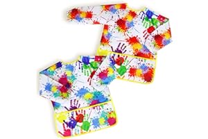 HAPRAY 2 Pack Long Sleeve Kids Art Smock, Waterproof Child Painting Apron, With 3 Pocket for Toddle Boy Girls Ages 2-7 Years