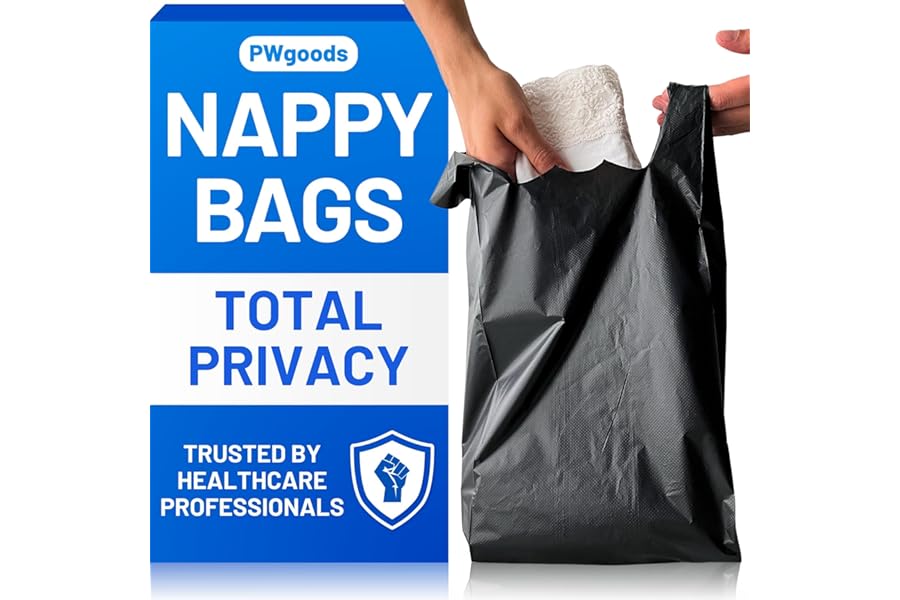 Adult Nappy Bags - 200 Pack, 20% Thicker Sacks, Easy Tie Handles, Odour Free, Discreet Black Plastic, Strong Sanitary Disposal Bag, Large Incontinence Pads