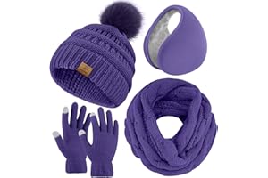 URATOT Winter Warm Sets Gestrickter Schal Beanie Pompon Mütze Touchscreen Handschuhe und Winter Ohrenwärmer Set für Männer oder Frauen