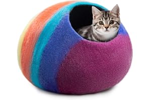 Woolygon - Katzenhöhle aus Wolle, handgefertigt aus 100% Merinowolle, umweltfreundliche Filz-Katzenhöhle für Indoor-Katzen und Kätzchen (Rainbow Twist)