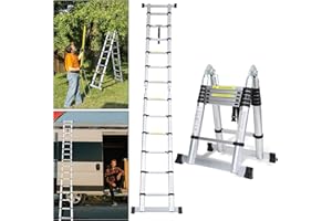 Cecaylie JZ190D - Escalera telescópica (Aluminio, 3,8 m, 1,9 m + 1,9 m, Plegable, Multiusos, hasta 150 kg), Color Plateado