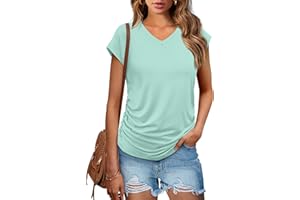 WIHOLL T Shirts for Women V Neck Summer Tops Ladies Cap Sleeve Basic Tshirts Hide Belly Loose Fit Casual Tees Side Shirring