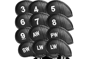FINGER TEN Fundas para palos de golf, con cremallera, 12 piezas, fundas para cabezas de golf con impresión de números para palos de hierro, accesorios de neopreno para golfista, portátil (negro)