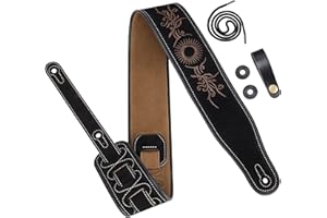 Amumu Pasek do gitary, haftowana skóra zamszowa do gitary akustycznej, gitary elektrycznej i gitary basowej - czarny