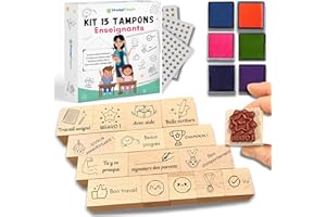 STAMPITEACH Tampons Enseignants Français - 15 Tampons Maitresse d’école, 6 Encreurs, 300 Stickers & EBook-Tampon Correction, Appreciation et Encouragement pour Professeur des ecoles, Cadeau Maitresse, Instituteur