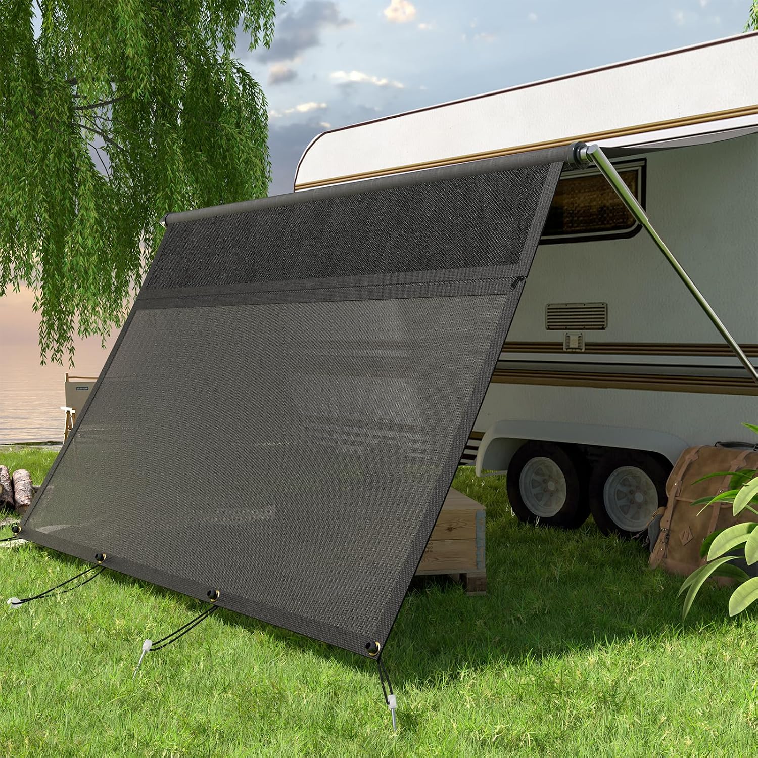 Tokenhigh RV Awning Sun Shade, Motorhome Campervan Sun Blocker, Black Mesh Privacy Screen with UV & Wind Protection, Top 600D Oxford Cloth & Zipper Design for Caravan Outdoor Camping (2.2x4.35m)